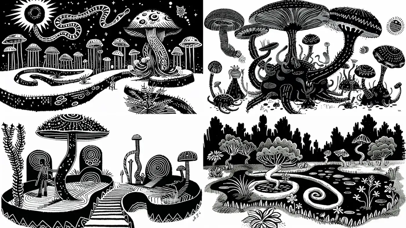 Monochromatic Mystical Flora and Fauna Illustrations - Midjourney sref style