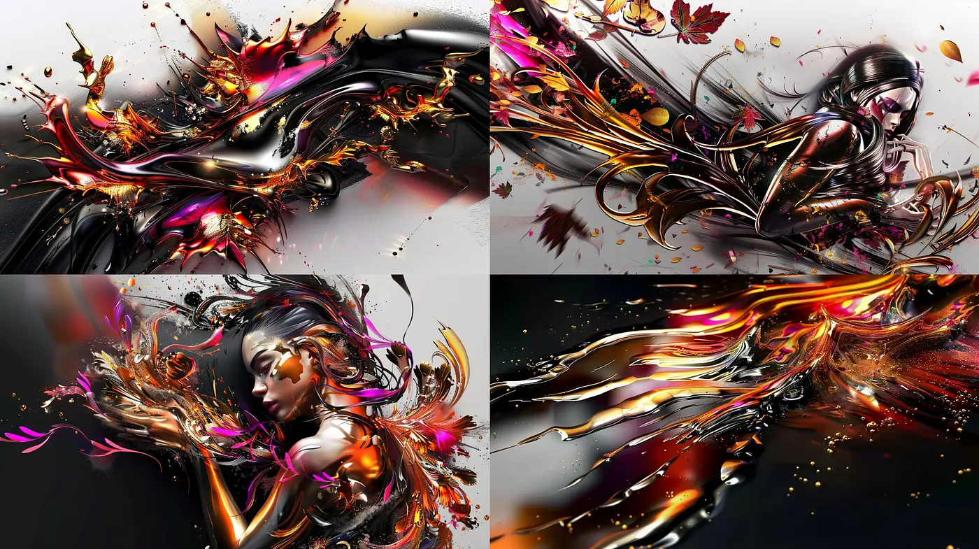Dynamic Synthesis of Movement and Elegance in Fluid Abstract Art - Midjourney sref style