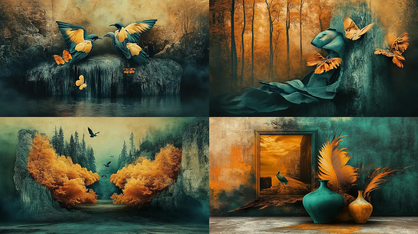 Enchanted Autumnal Dreamscape in Surreal Teal and Amber - Midjourney sref style