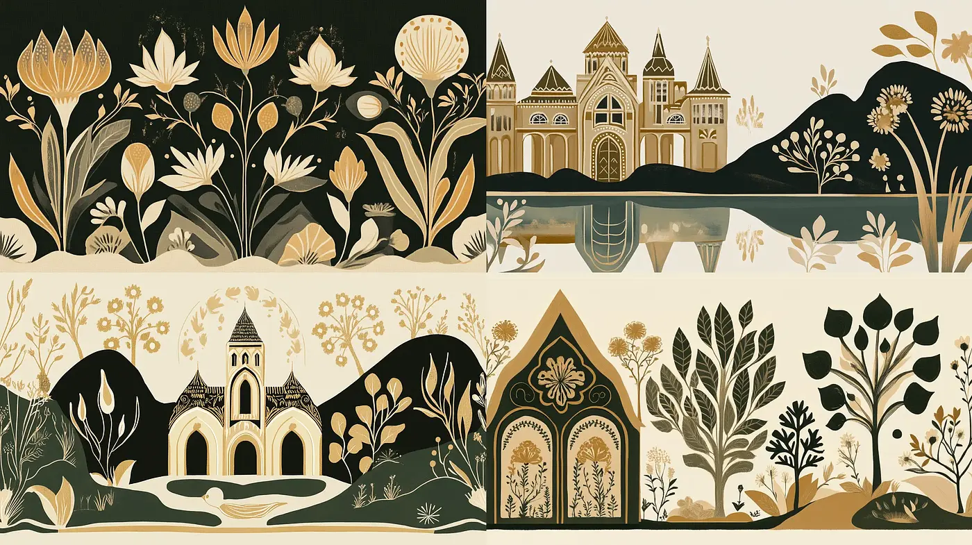 Elegant Folksy Ornamentation in a Stylized Nature and Architecture Blend - Midjourney sref style