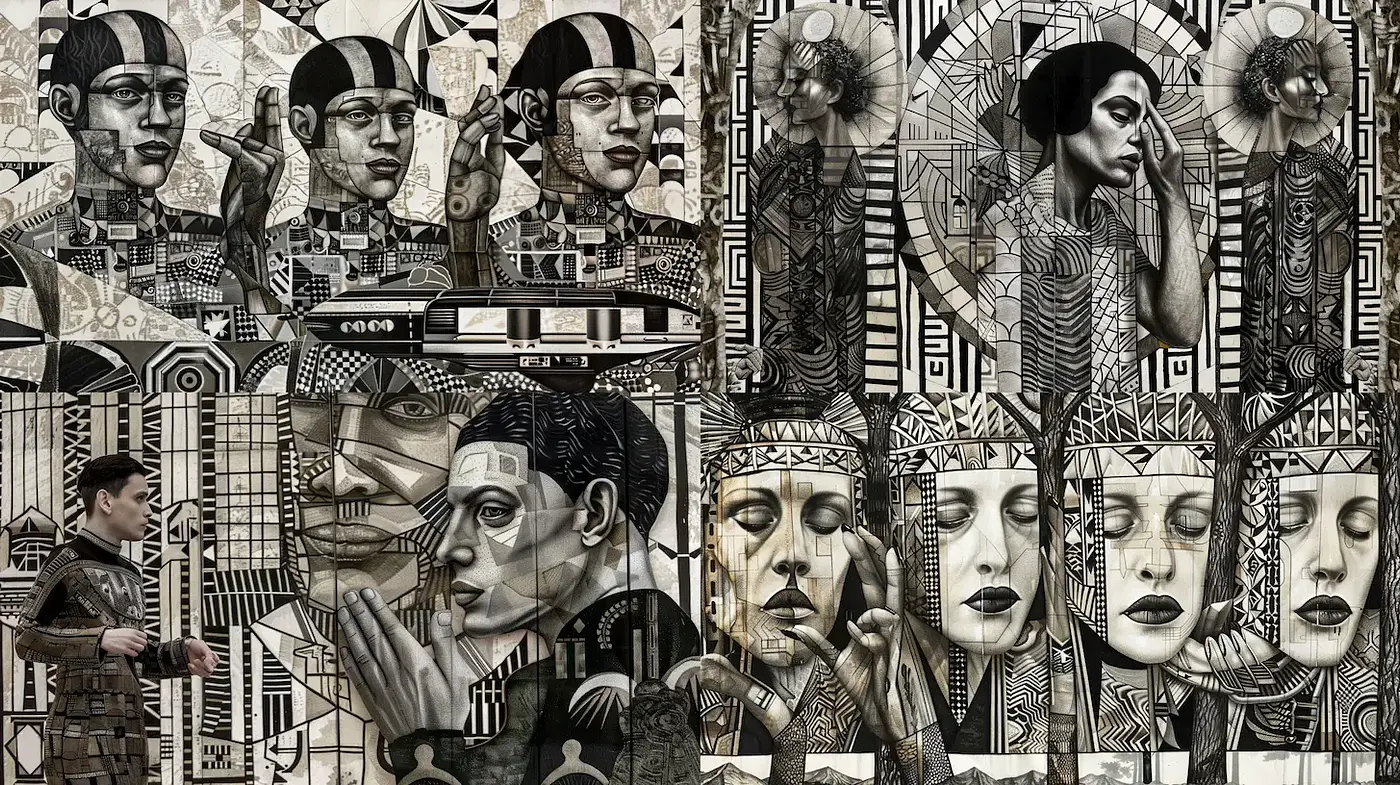 Monochromatic Mosaic Elegance in Contemporary Digital Art - Midjourney sref style