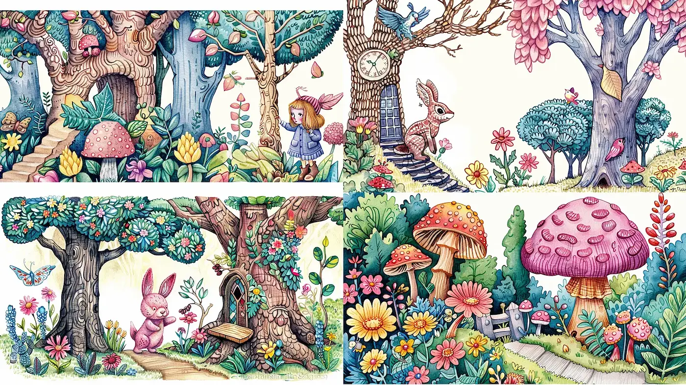Whimsical Enchanted Forest Illustrations with a Playful Aesthetic - Midjourney sref style