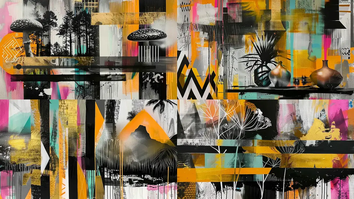 Dynamic Fusion of Abstract and Organic Elements in Vibrant Artistry - Midjourney sref style