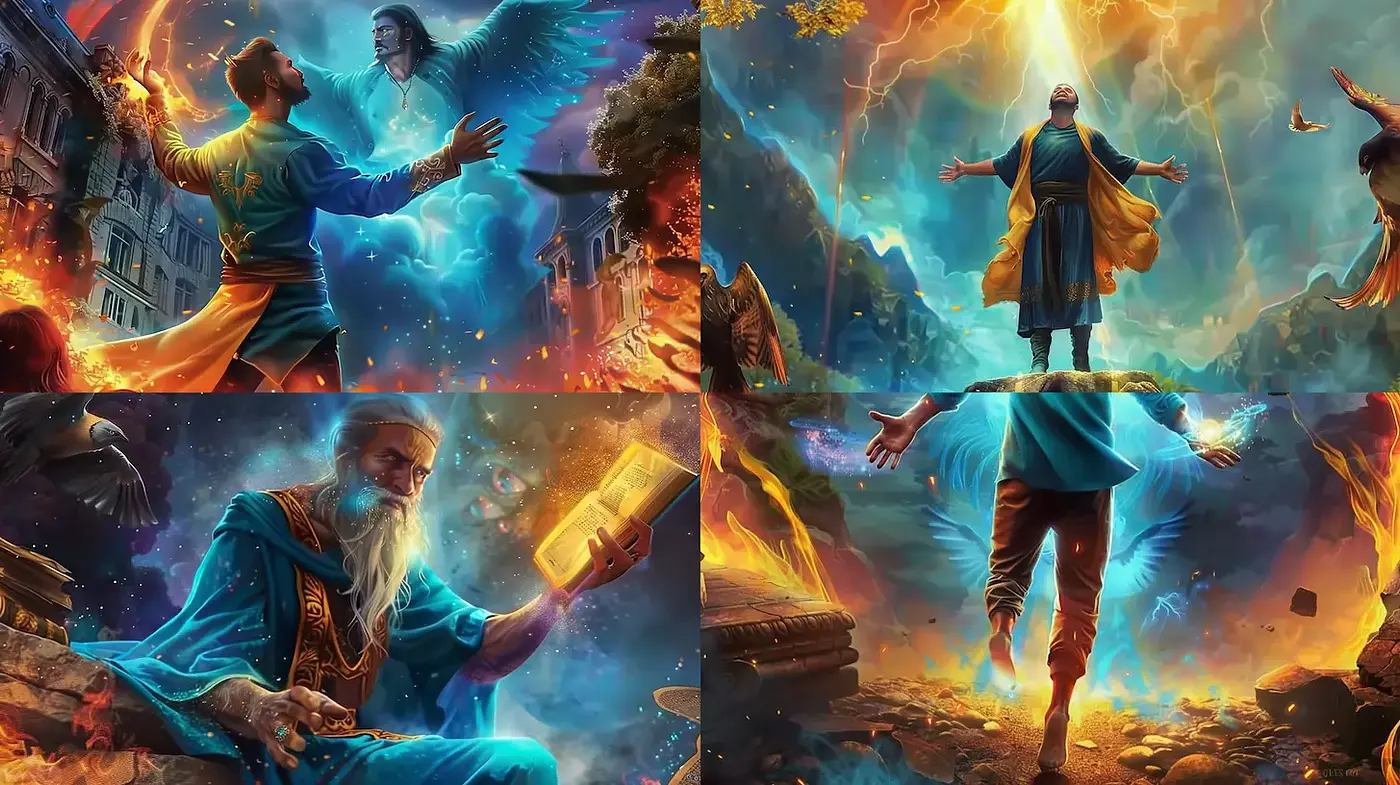 Dynamic Fantasy Imagery with Celestial Themes and Vibrant Colors - Midjourney sref style
