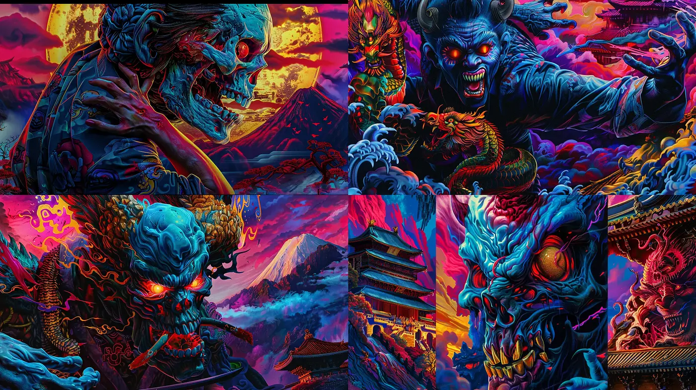 Vivid Mythological Onslaught in Electrifying Neon Hues - Midjourney sref style