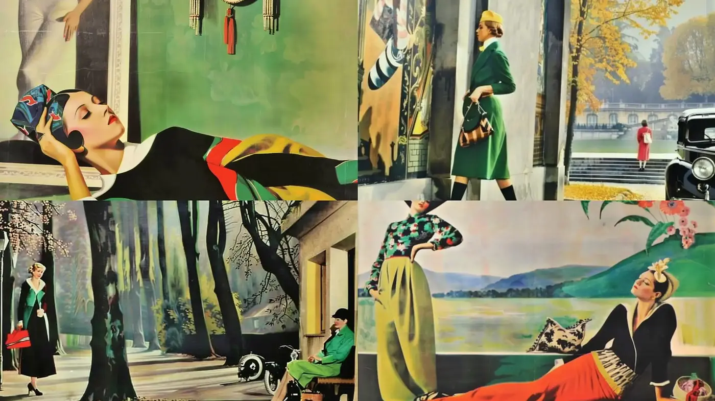 Nostalgic Fusion of Vintage Fashion and Surreal Landscapes - Midjourney sref style