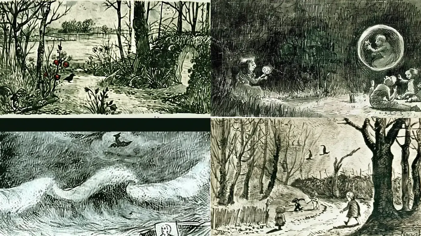 Whimsical and Mystical Illustrations in Monochrome - Midjourney sref style
