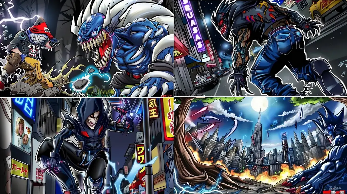 Dynamic and vibrant urban fantasy art with a dark twist - Midjourney sref style