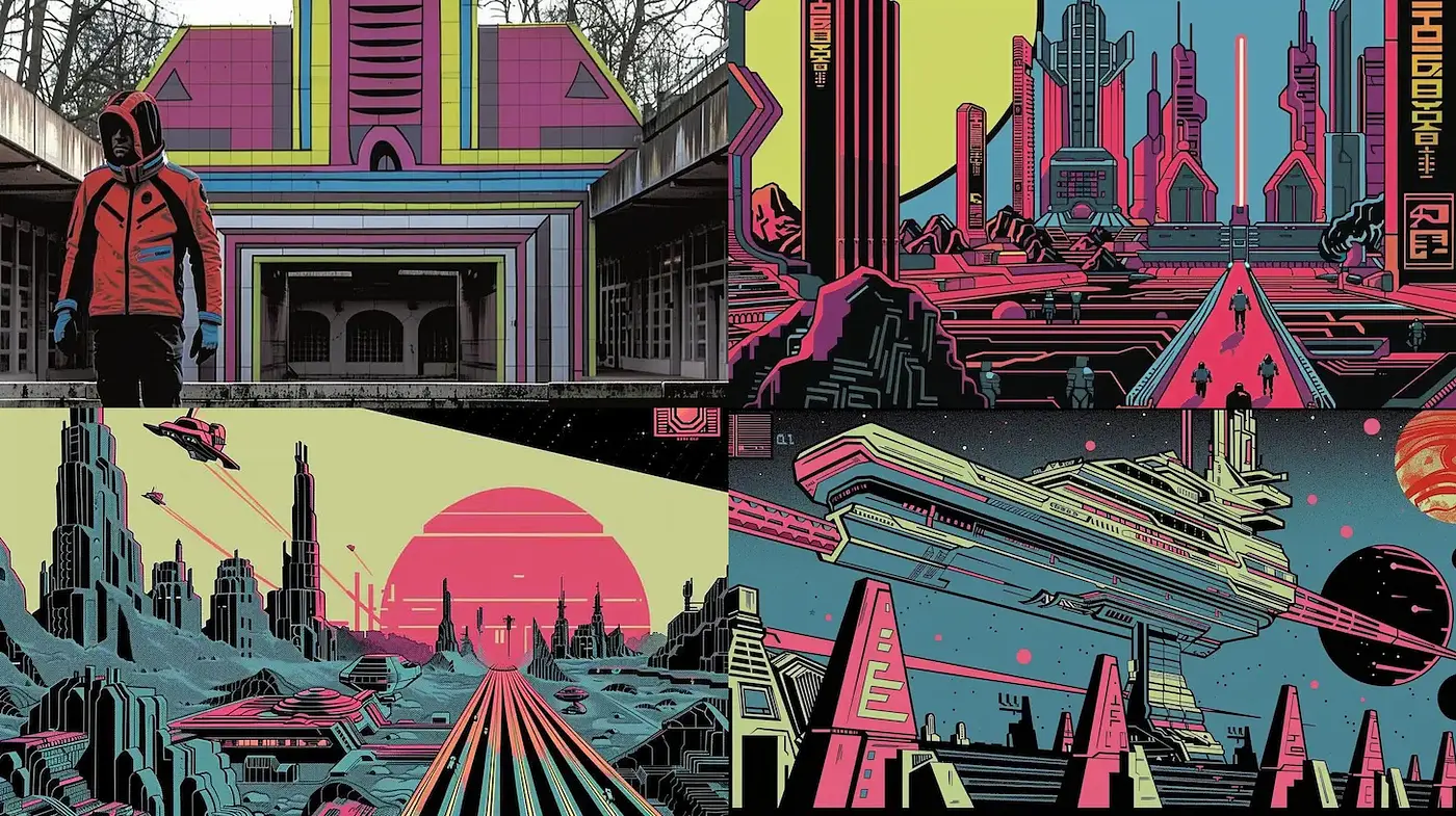 Vibrant Retro-Futuristic Sci-Fi Aesthetic with Geometric Elements - Midjourney sref style
