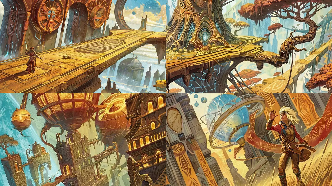 Consistent Imaginative Steampunk Panorama with a Warm and Adventurous Ambience - Midjourney sref style