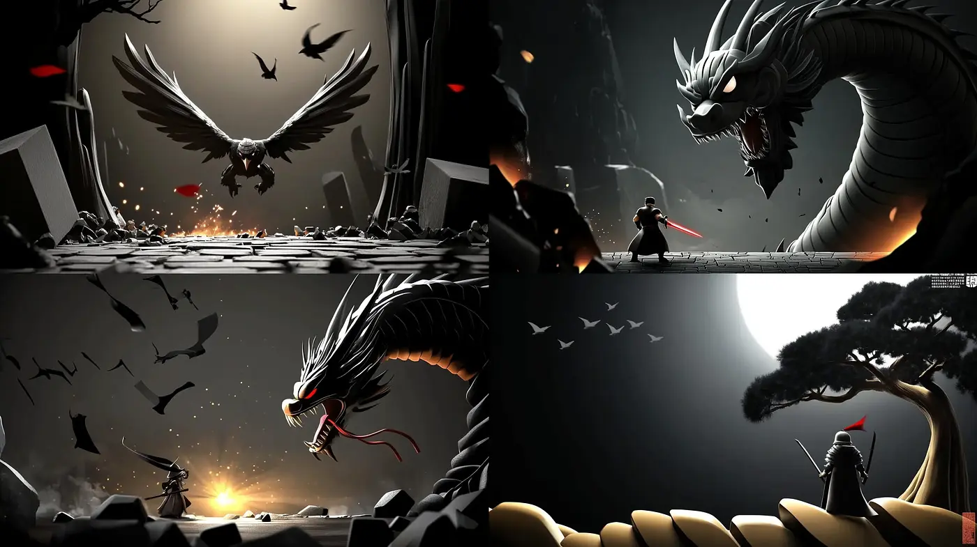 Monochromatic Mythos: Ethereal Dragon Encounters in Silhouetted Scenes - Midjourney sref style