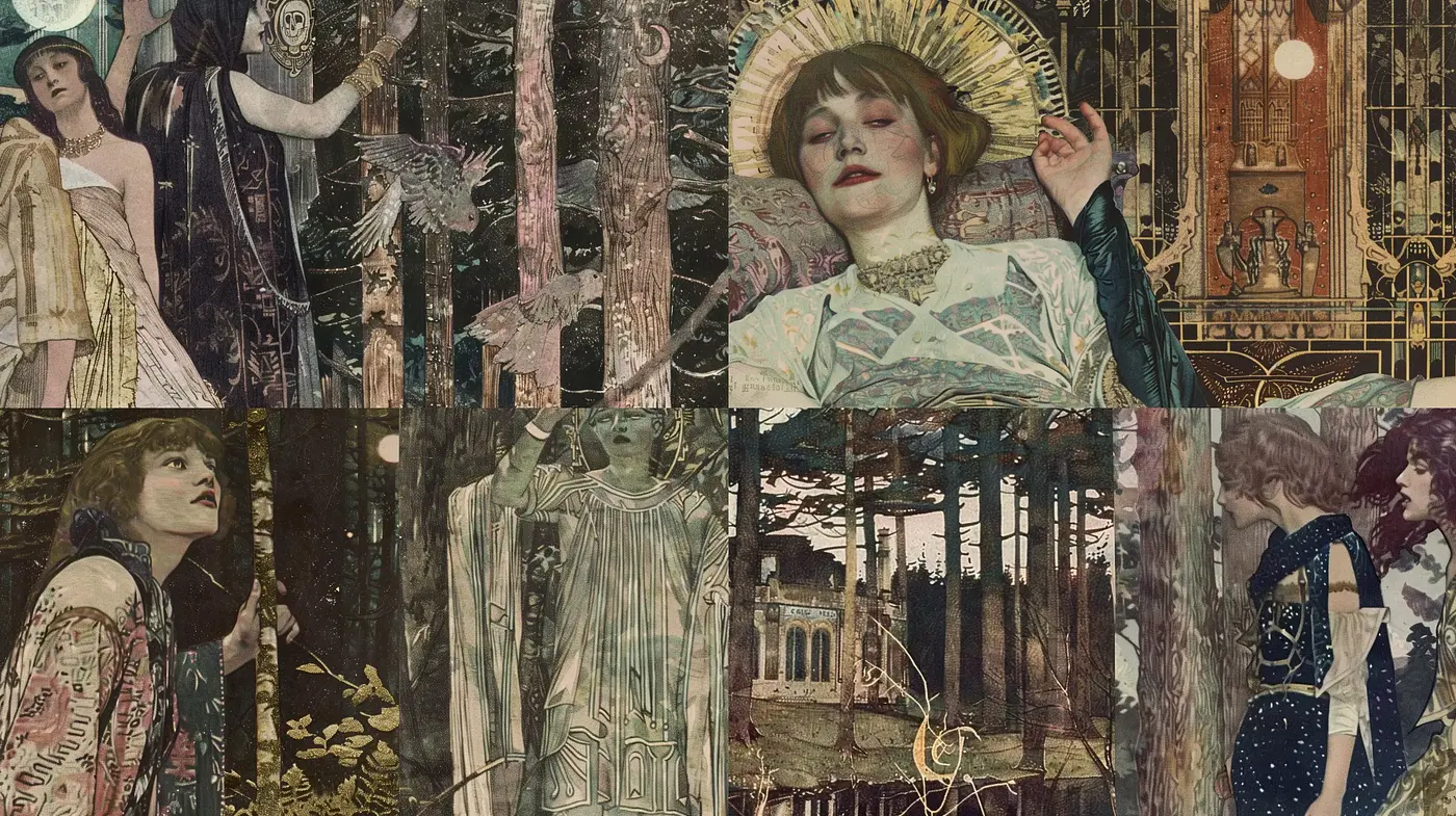 Enigmatic Fusion of Art Nouveau Elegance and Mystical Forest Imagery - Midjourney sref style