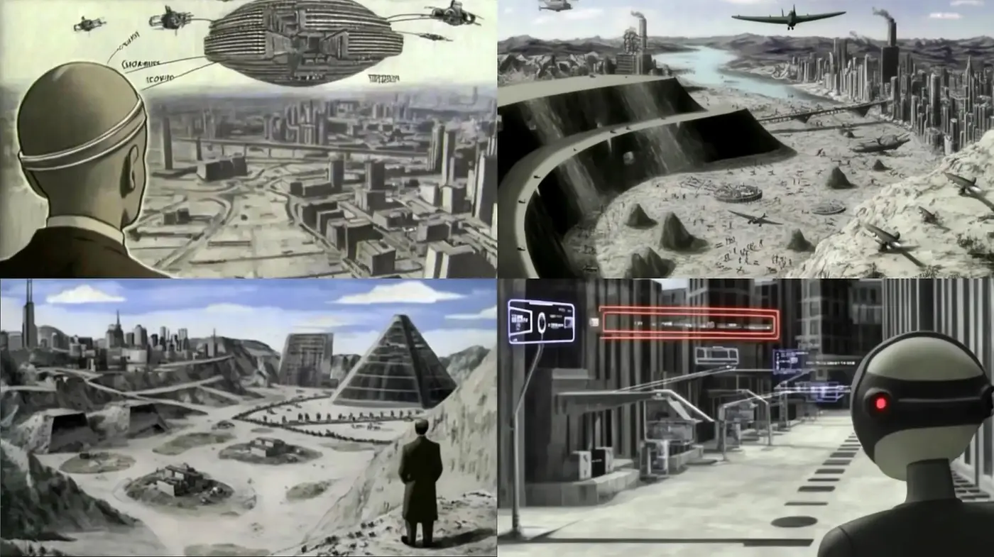 Futuristic Dystopian Visions with a Monochrome Retro-futurist Aesthetic - Midjourney sref style