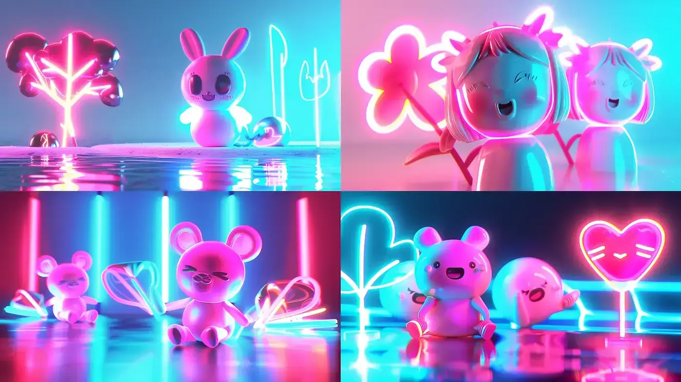 Vibrant Neon Playground with Whimsical Characters - Midjourney sref style