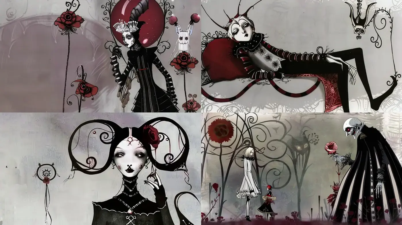 Gothic Elegance with Whimsical Undertones in a Dark Fantasy Aesthetic - Midjourney sref style