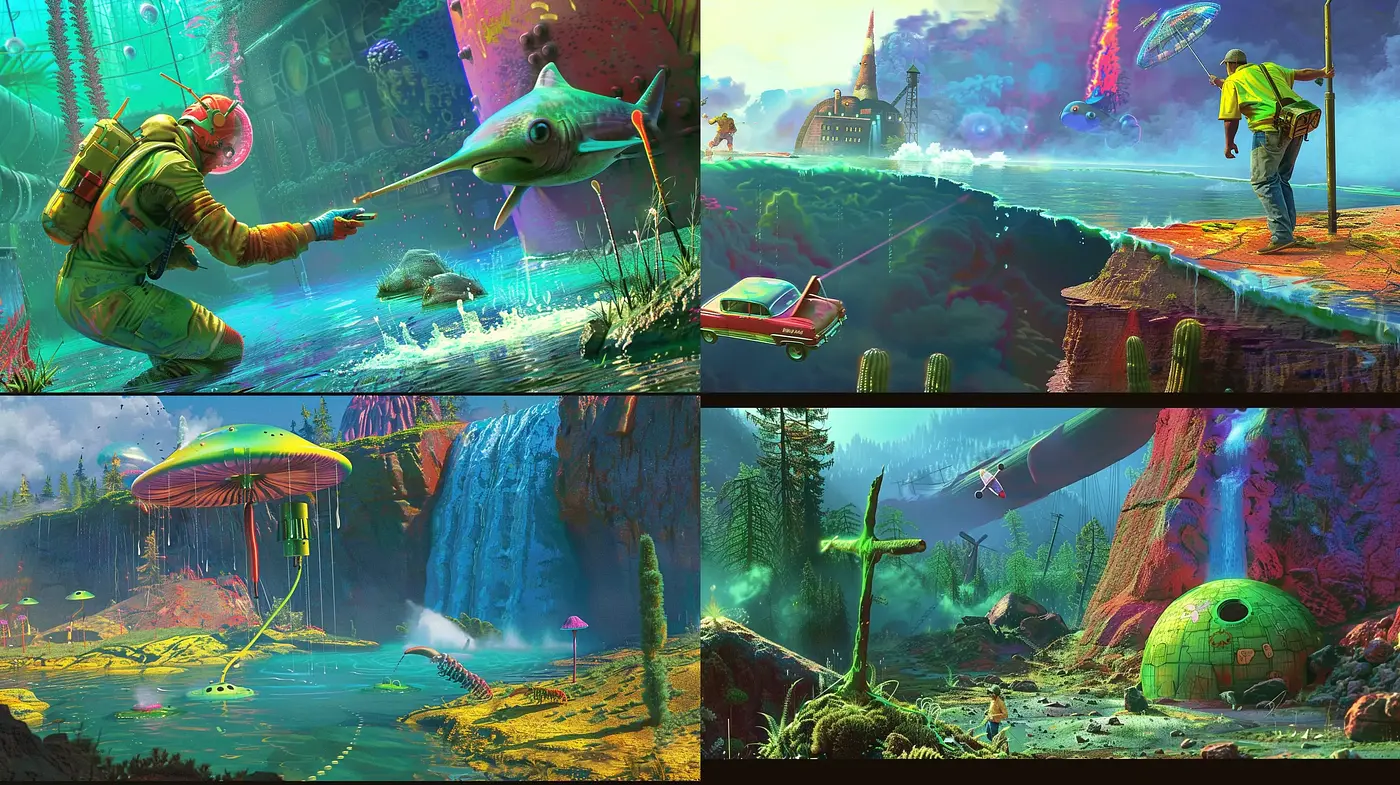 Surreal Dreamscapes: A Fusion of Vivid Colors and Whimsical Fantasy - Midjourney sref style