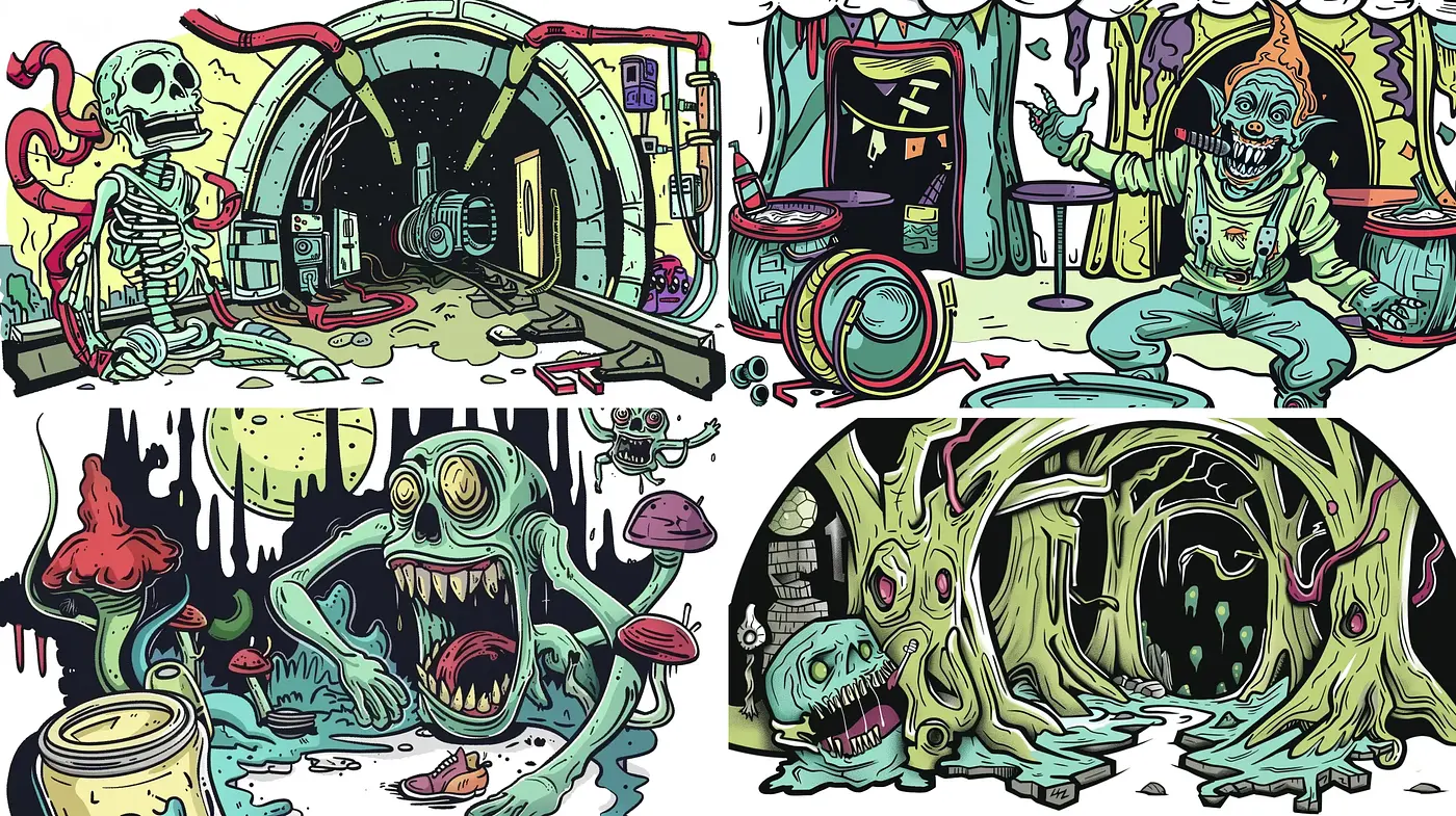 Eccentric Abandoned Haunts: A Fusion of Comicbook Artistry and Surrealism - Midjourney sref style