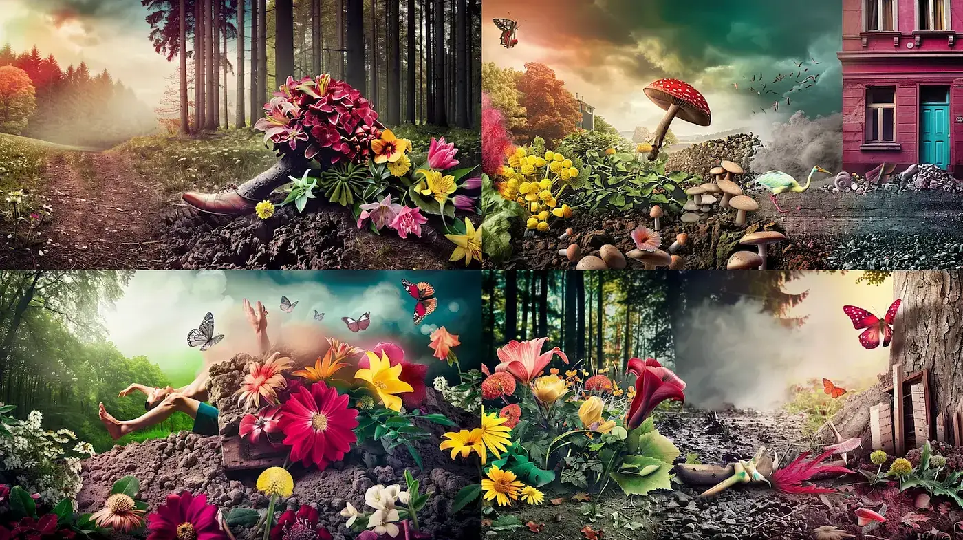 Lush organic landscapes blending surreal elements with a touch of whimsy - Midjourney sref style