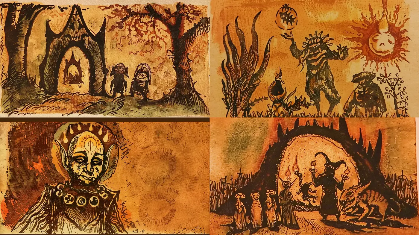 Whimsical Gothic Folklore in Sepia Tones - Midjourney sref style
