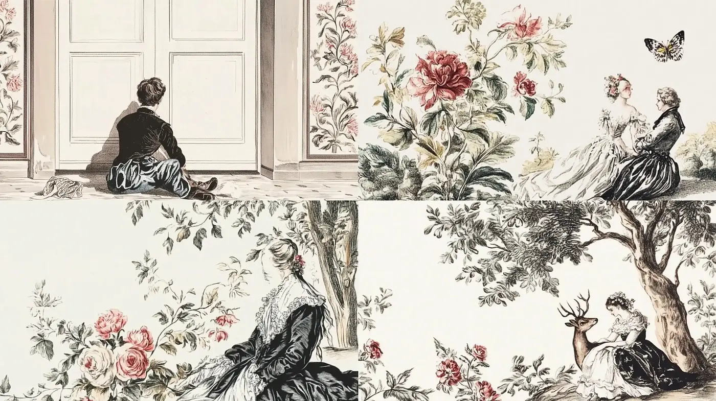 Elegant Toile de Jouy Reverie with Pastoral Essence - Midjourney sref style