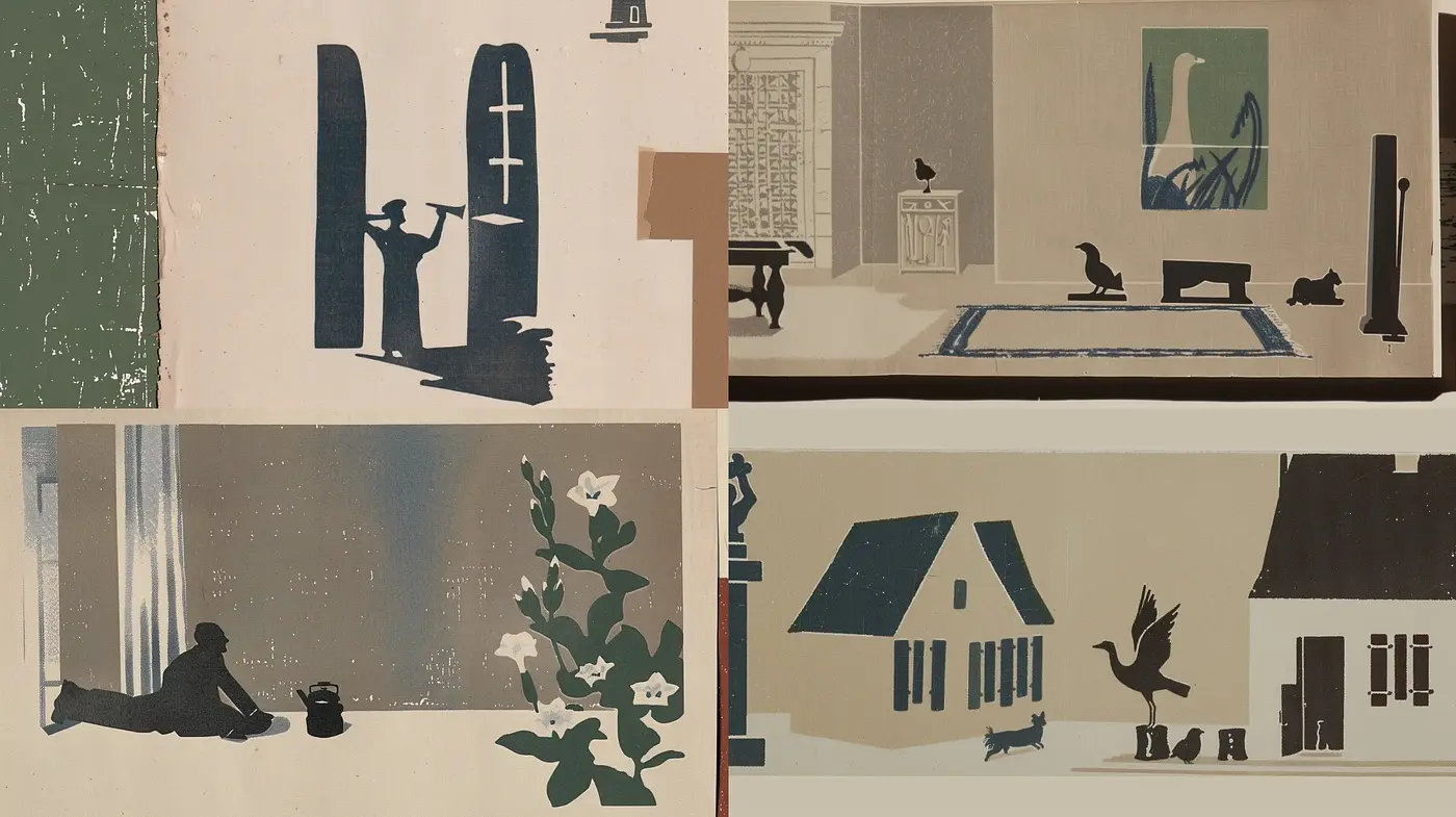 Whimsical Tranquility in Stylized Domestic Scenes - Midjourney sref style
