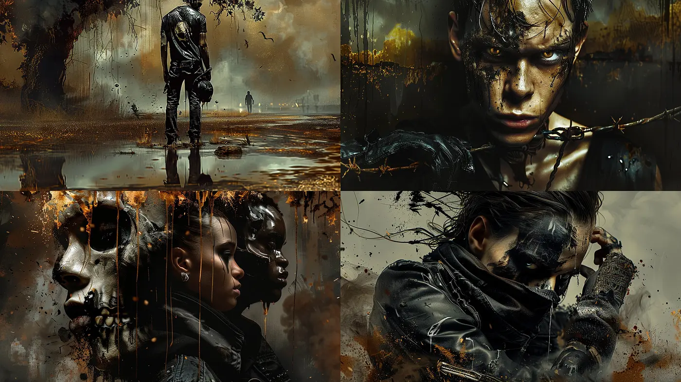 Dystopian Elegance: A Fusion of Grunge Textures and Sepia Tones in Digital Art - Midjourney sref style