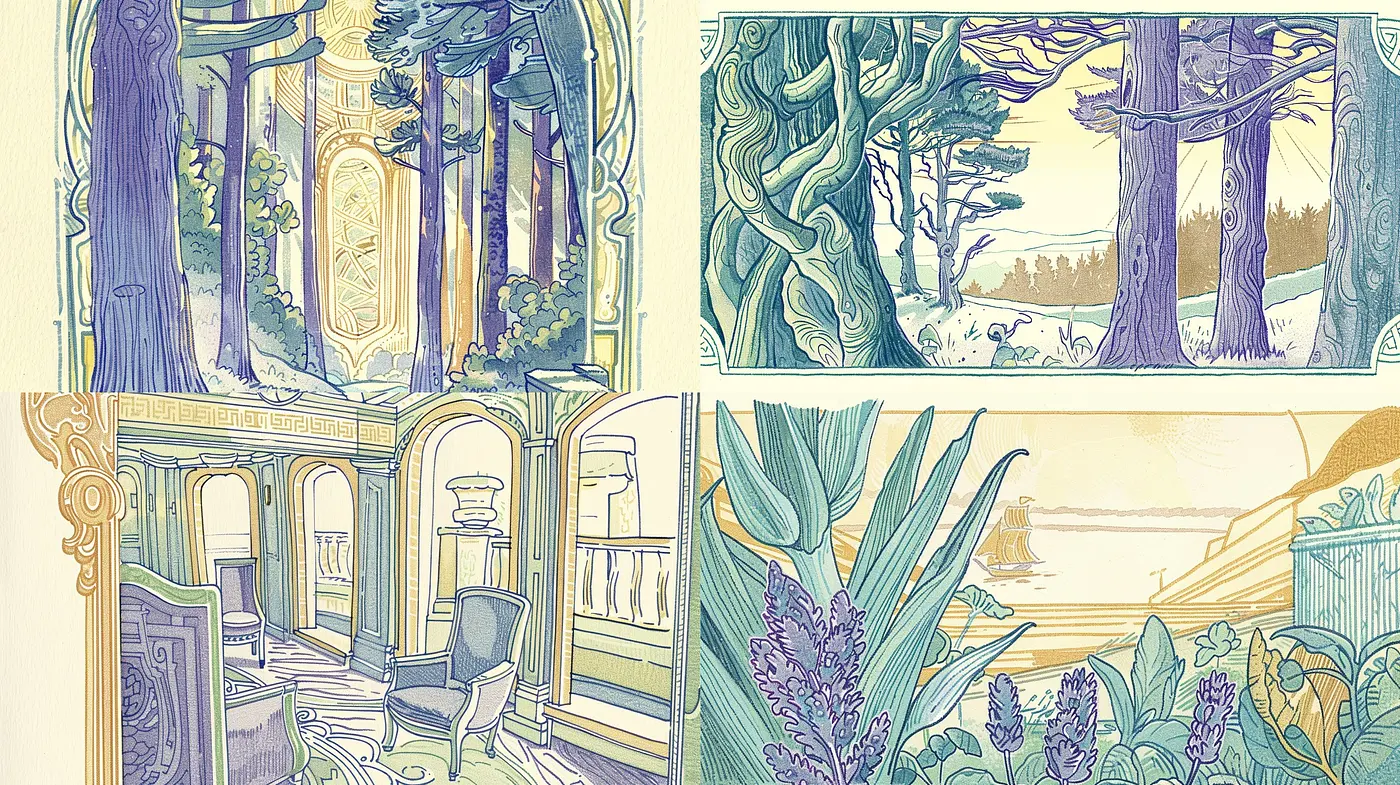 Whimsical Nature and Interior Line Art in Pastel Tones - Midjourney sref style