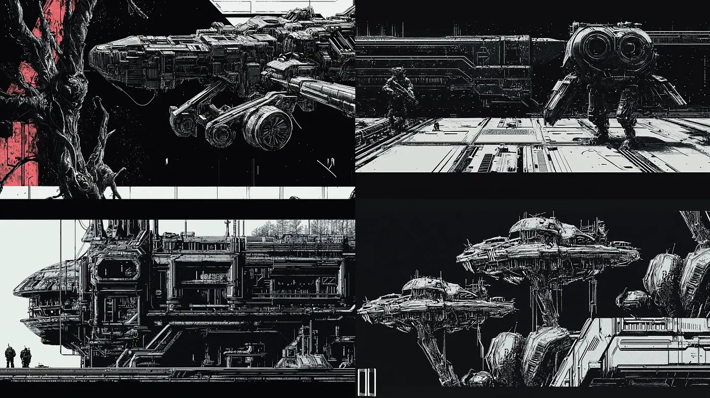 Monochromatic Vision of Futuristic Vessels in a Stark Sci-Fi Universe - Midjourney sref style