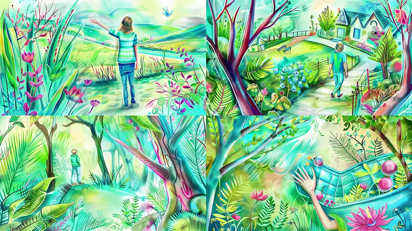 Vibrant and Whimsical Natural Landscapes with Playful Elements - Midjourney sref style
