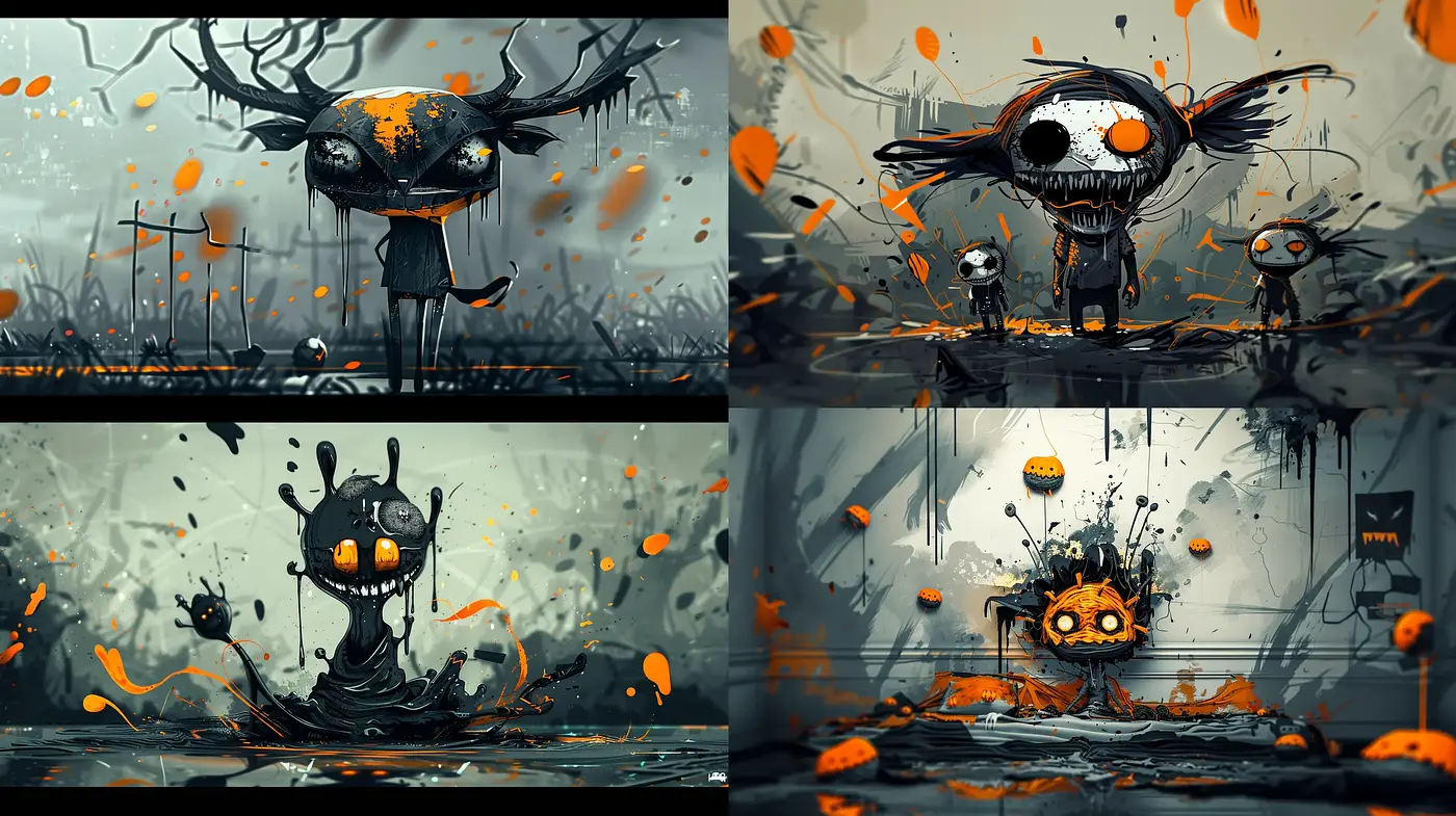 Surreal and somber: A monochromatic dive with splashes of vibrancy - Midjourney sref style