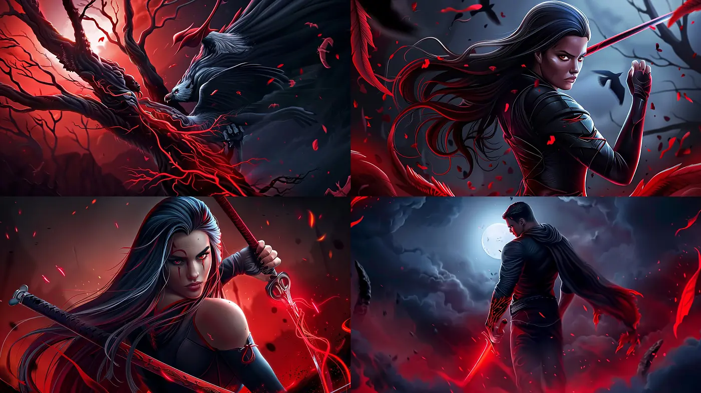 Crimson Fantasy: An Exploration of Vibrant Tones and Dynamic Composition in Digital Art - Midjourney sref style