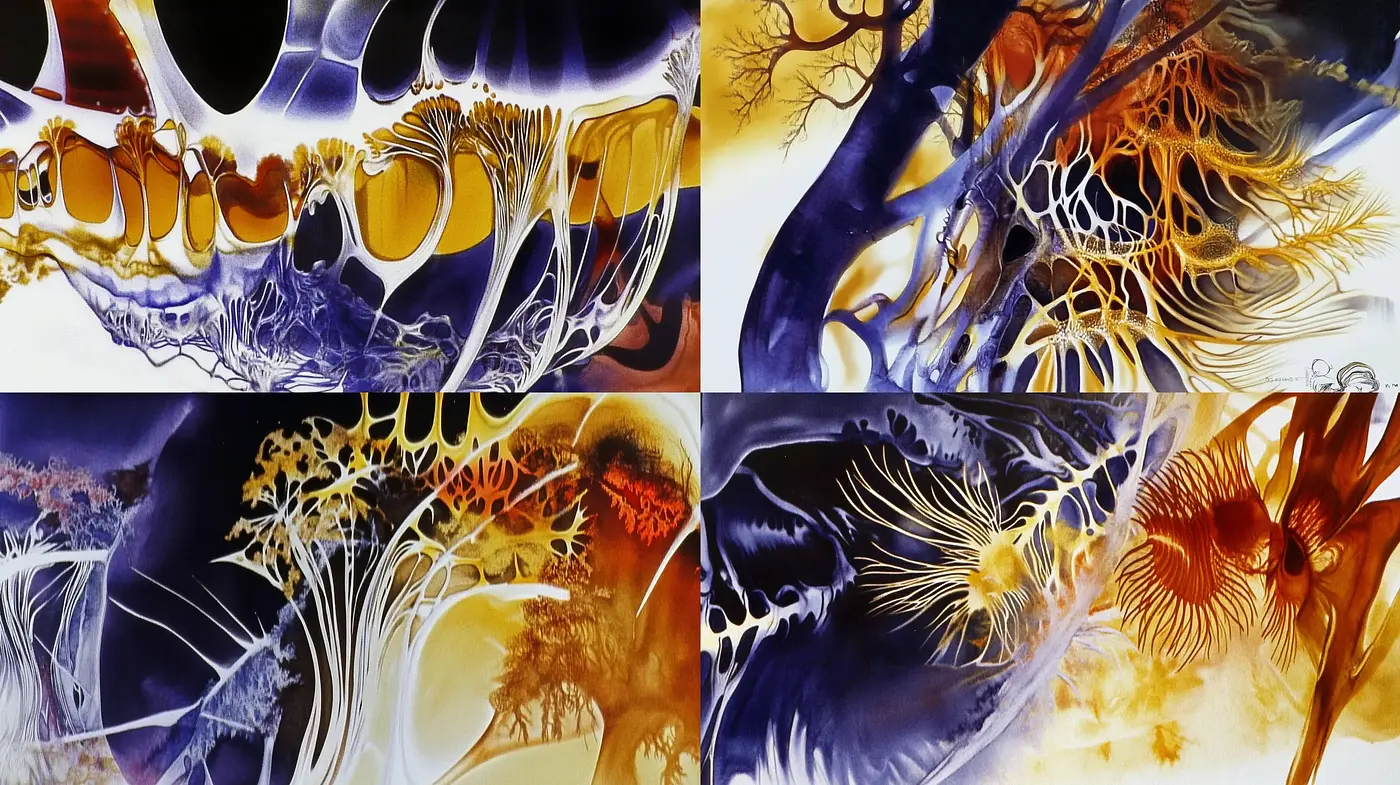 Ethereal Aquatic Symphony in Blues and Golds - Midjourney sref style