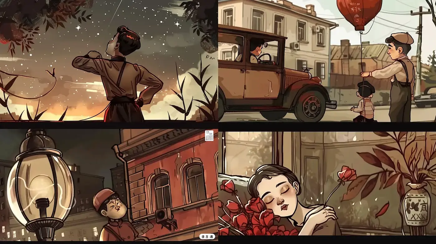 Nostalgic Scene Illustrations with Art Deco Influences - Midjourney sref style
