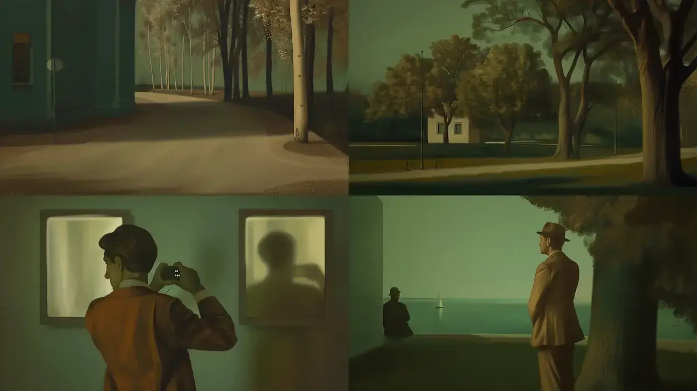 Surreal and contemplative scenes inspired by mid-century modern aesthetics - Midjourney sref style