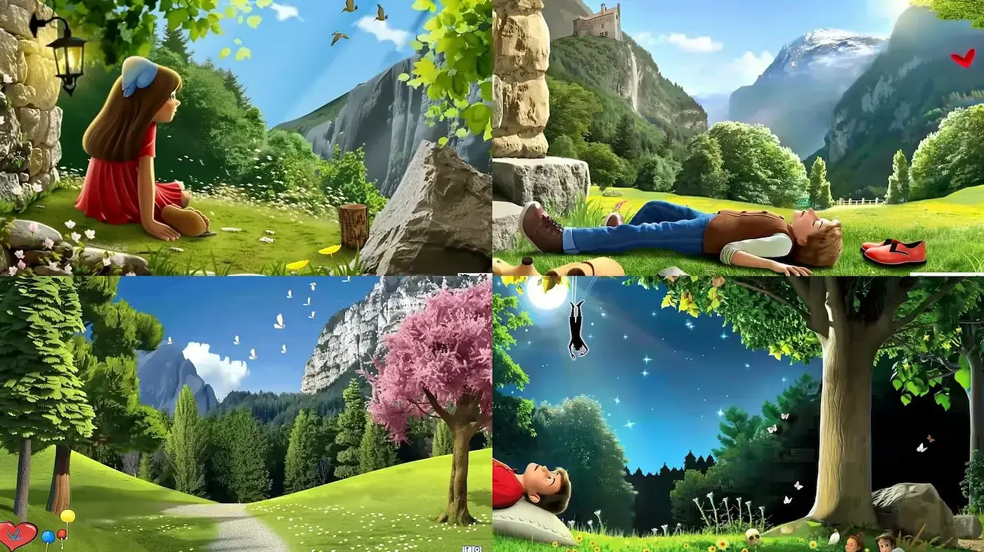 Enchanting Landscapes with Playful Characters Captured in a Dreamlike Style - Midjourney sref style