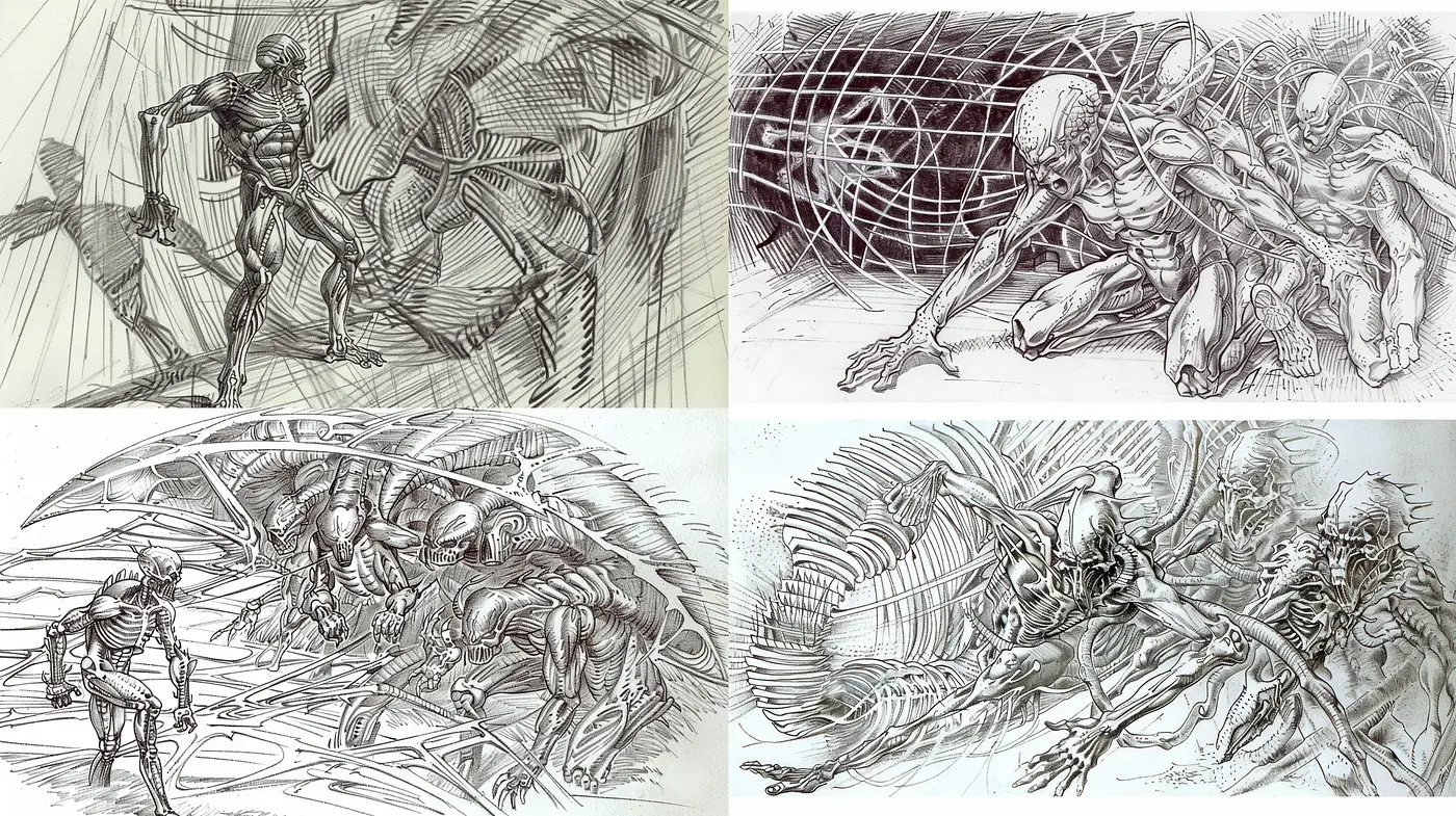 Dynamic Sketched Sci-Fi Tapestry - Midjourney sref style