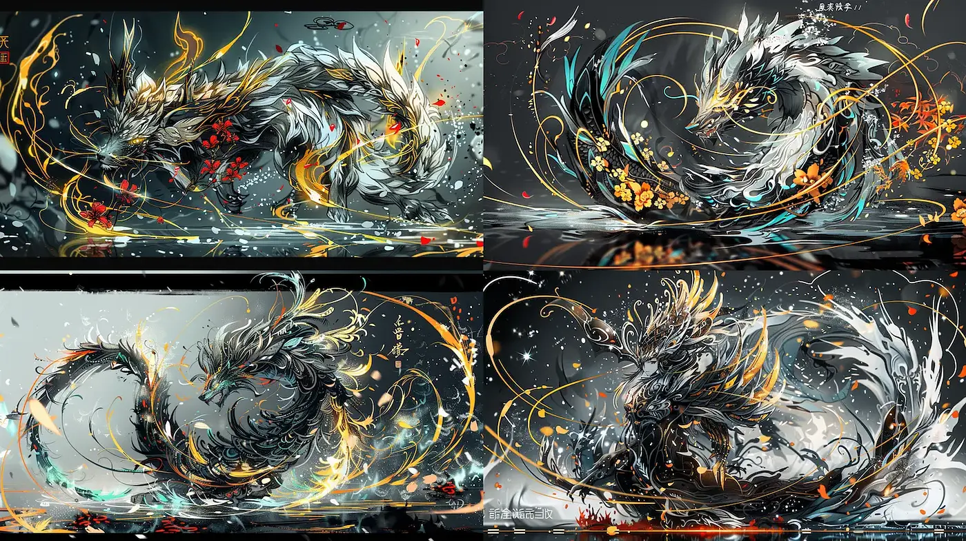 Dynamic and Enigmatic Dragon Illustrations with Fluid Motion - Midjourney sref style