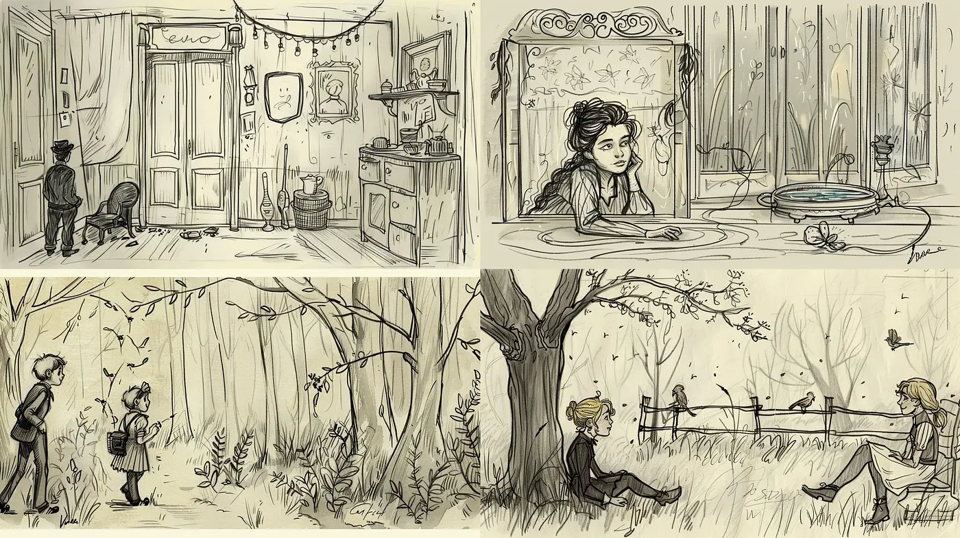 Sepia-Toned Storybook Illustrations of Idyllic Moments - Midjourney sref style