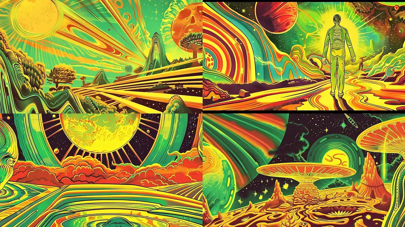 Vibrant Cosmic Surrealism with Psychedelic Elements - Midjourney sref style