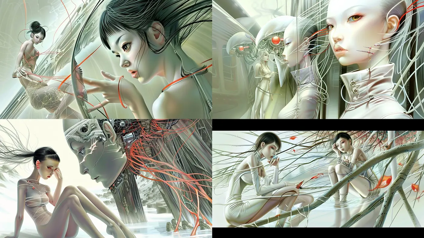 Ethereal Serenity in Monochrome: A Study in Surreal Cybernetic Fusion - Midjourney sref style