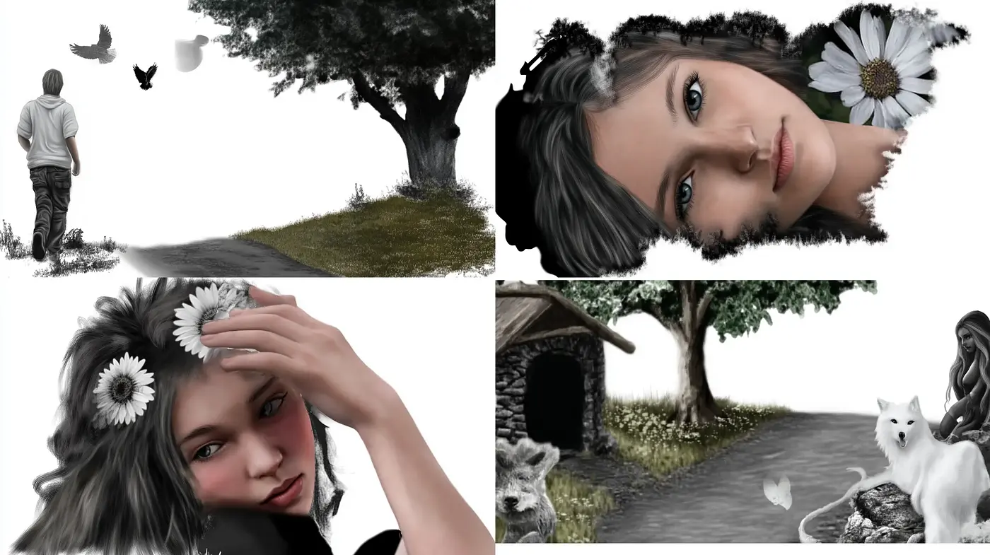 Ethereal Monochrome Dreamscape with Nature Accentuations - Midjourney sref style