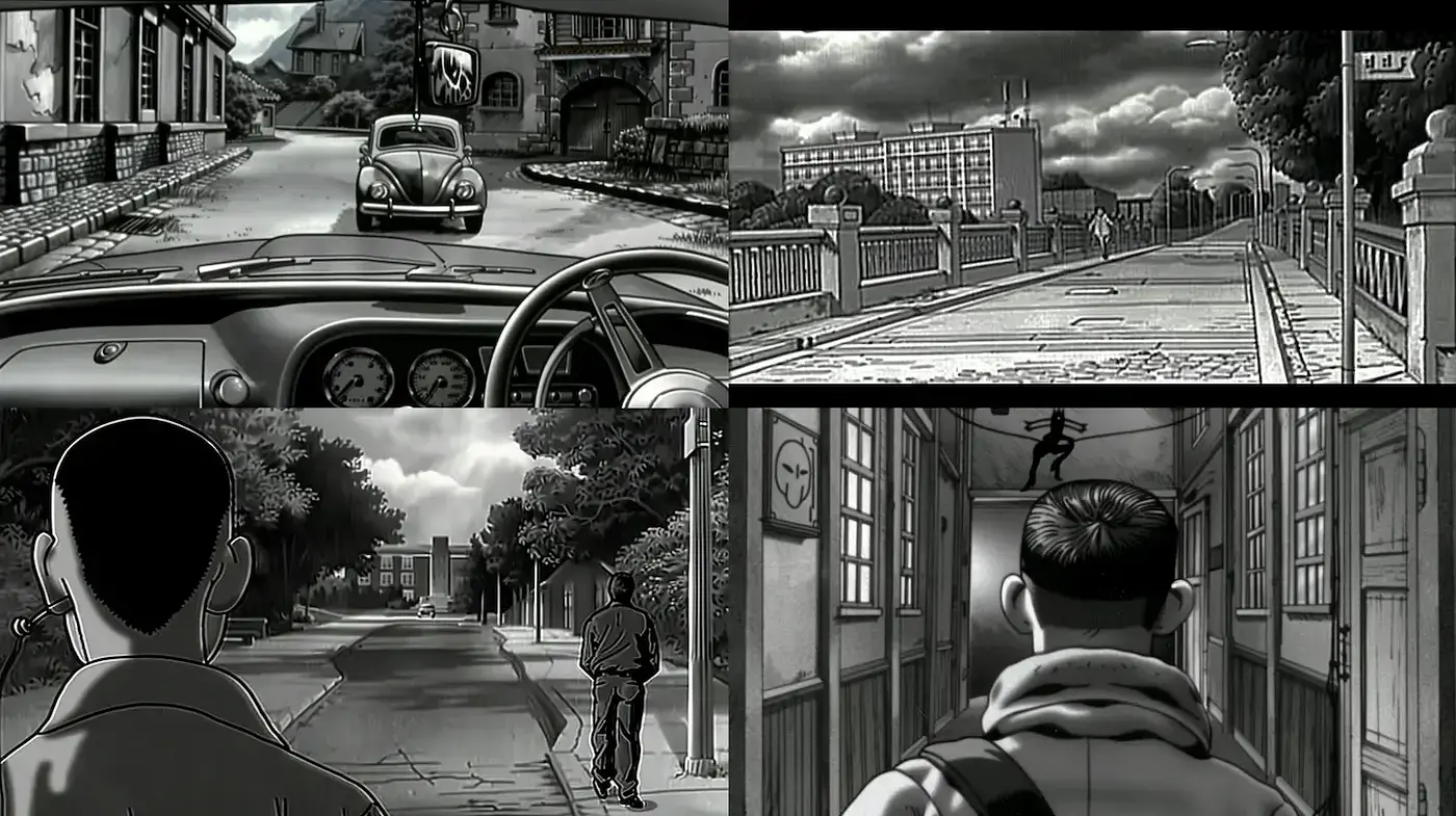 Monochromatic Urban Noir with Comic Influence - Midjourney sref style