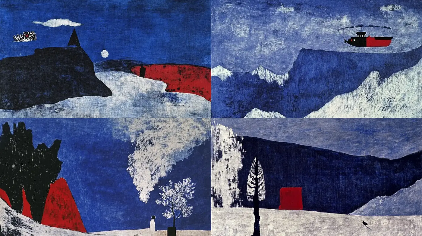 Moody Indigo Dreamscape with Stark Contrasts - Midjourney sref style