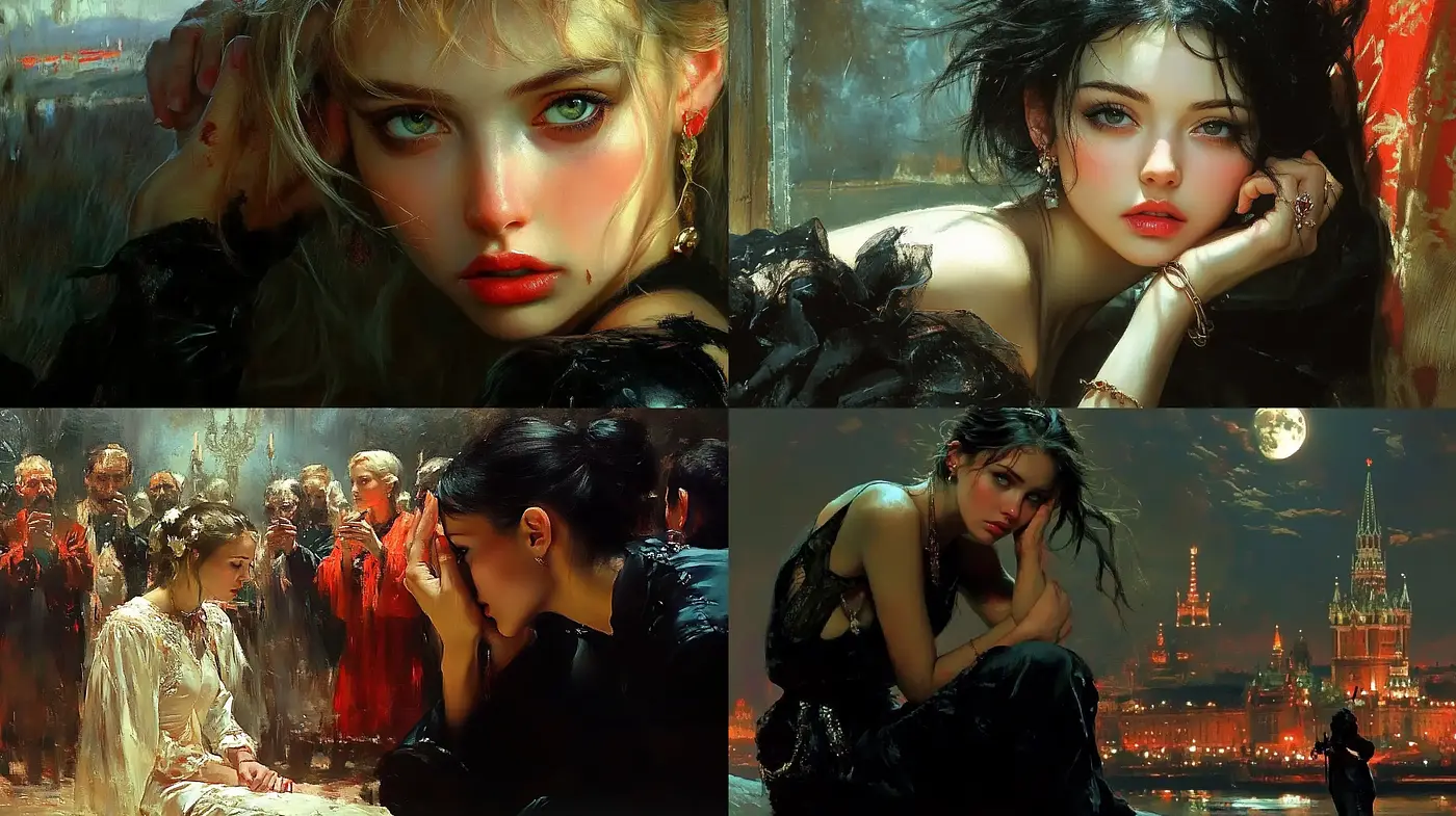 Ethereal Elegance in a Tapestry of Rich Hues and Dramatic Textures - Midjourney sref style