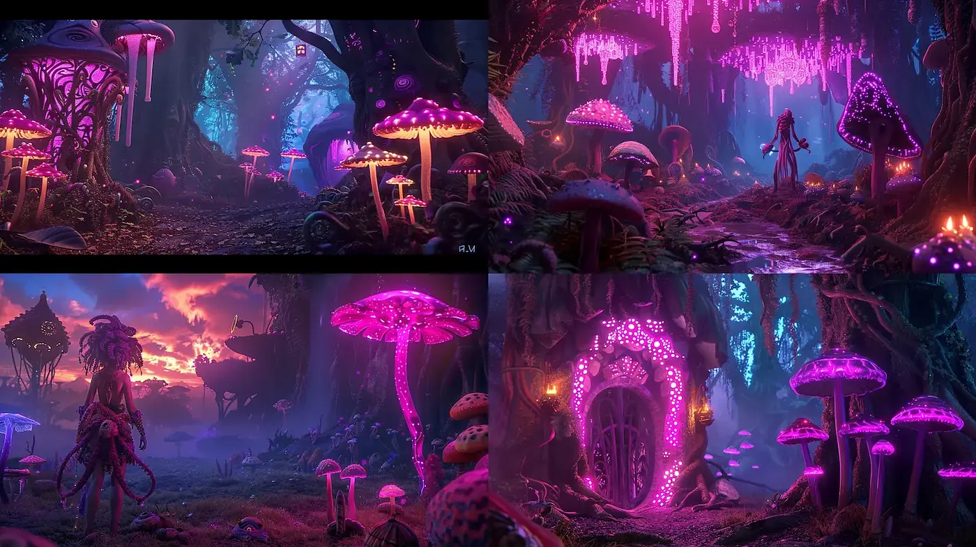 Whimsical and Enchanted Forest with Bioluminescent Elements - Midjourney sref style