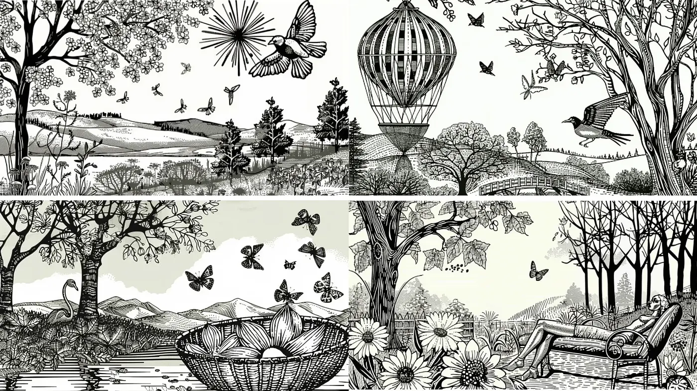 Ethereal Engraved Landscape with Dreamlike Flora and Fauna - Midjourney sref style