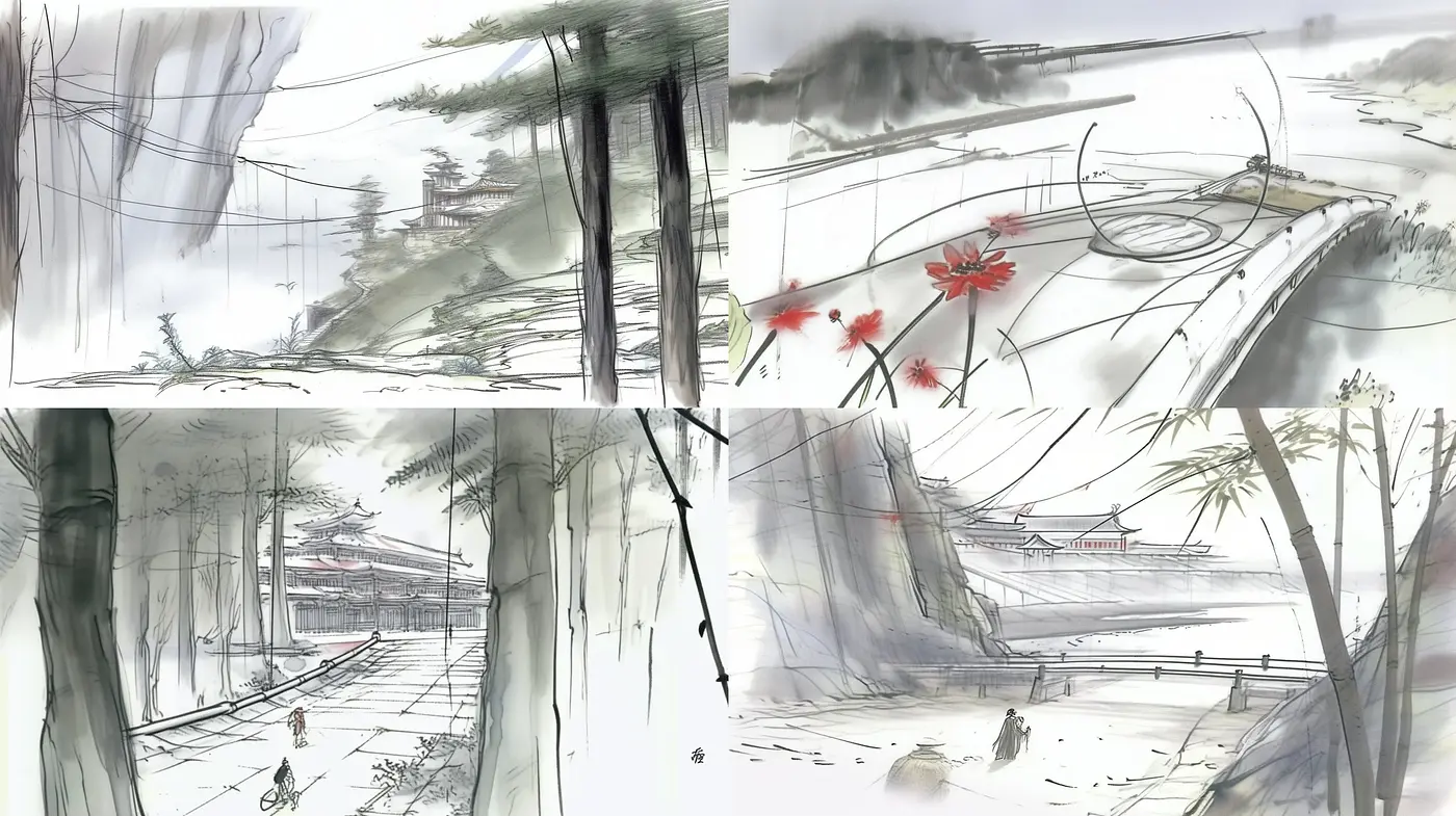 Ethereal Brushwork Harmony: A Fusion of Asian-Inspired Ink Wash and Impressionist Textures - Midjourney sref style
