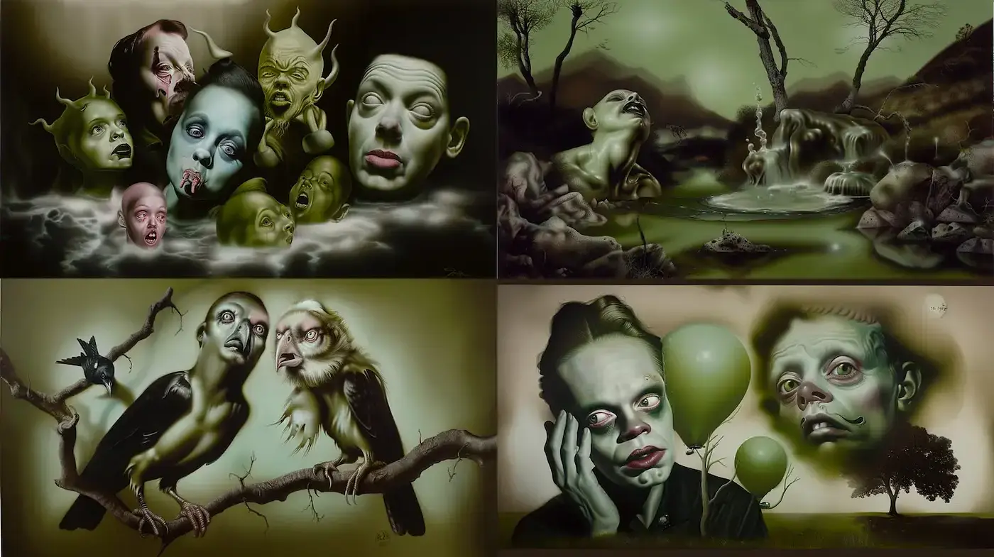 Surrealistic Art with a Macabre Edge and Distorted Realism - Midjourney sref style