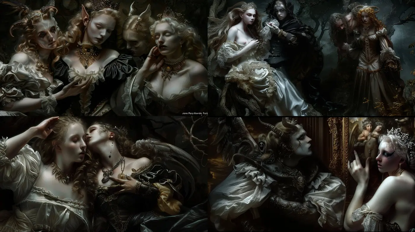Baroque Reverie: Shadows and Splendor in a Theatrical Tableau - Midjourney sref style