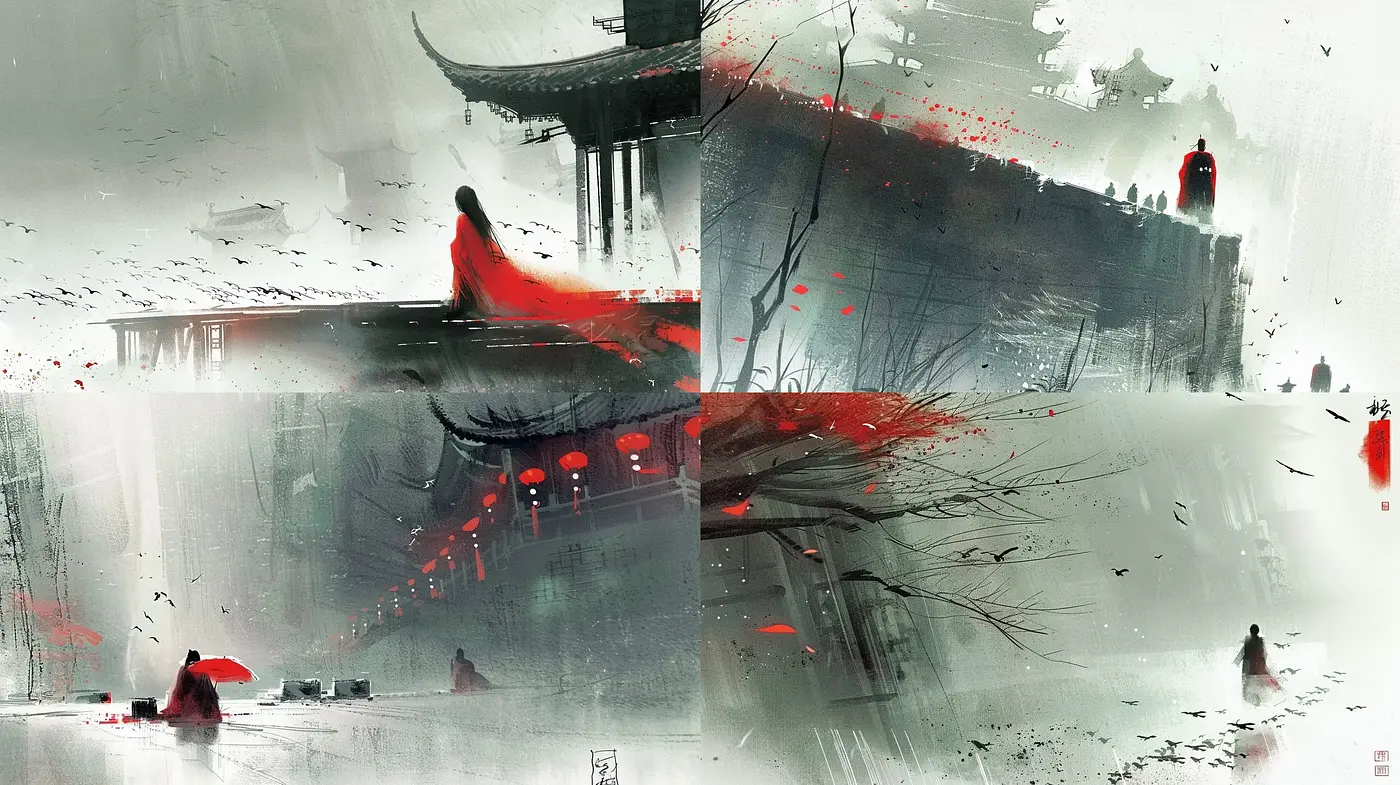 Ethereal Brushstrokes of a Monochrome Dreamscape with Splashes of Crimson - Midjourney sref style